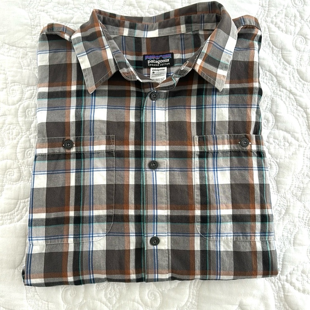 Patagonia Brown Plaid Button Front Shirt Organic Cotton Men’s Large L
